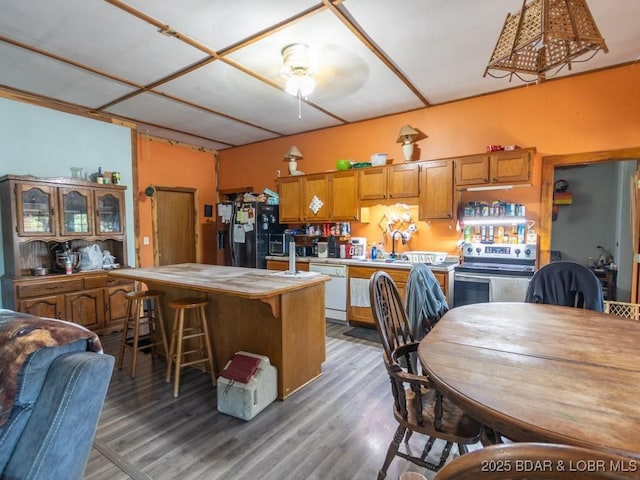 1727 Bollinger Creek Rd, Climax Springs, MO 65324 - kitchen with stainless steel electric stove, black refrigerator with ice dispenser, brown cabinets, white dishwasher, and light countertops
