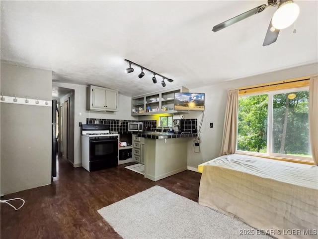 30424 Violet Rd, Gravois Mills, MO 65037 - kitchen featuring gas stove, stainless steel microwave, open shelves, dark wood-style flooring, and a peninsula