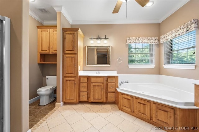 22 Hand Ln, Eldon, MO 65026 - bathroom featuring a bath, vanity, ornamental molding, ceiling fan, and tile patterned floors