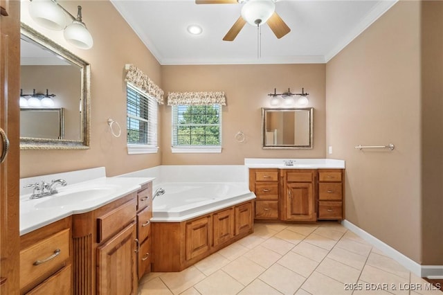 22 Hand Ln, Eldon, MO 65026 - full bathroom with two vanities, tile patterned flooring, a ceiling fan, ornamental molding, and a bath
