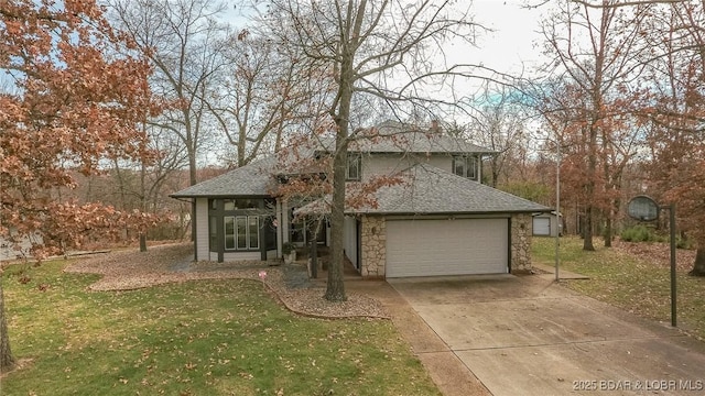 170 Twin Oaks Dr, Lake Ozark, MO 65049 - traditional-style house featuring stone siding, roof with shingles, driveway, a front lawn, and a garage