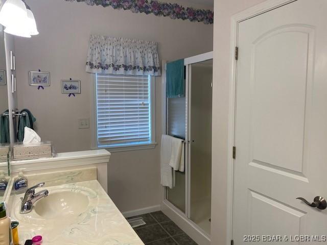 130 Guinevere Ct, Camdenton, MO 65020 - bathroom featuring vanity, tile patterned floors, and a shower stall