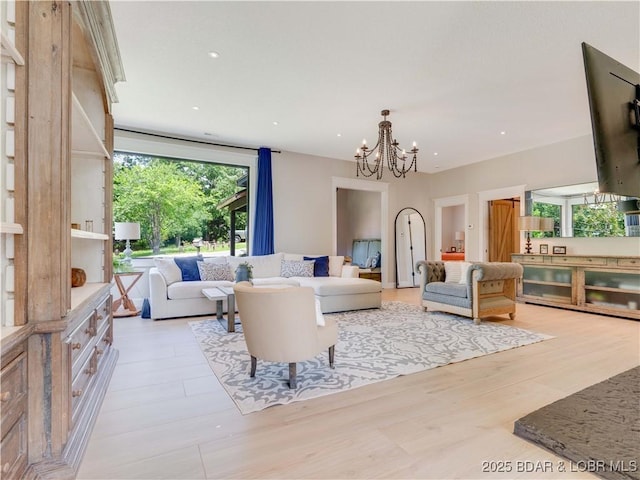 92 Arrowhead Beach Rd, Lake Ozark, MO 65049 - living area featuring a chandelier, light wood-style flooring, and recessed lighting