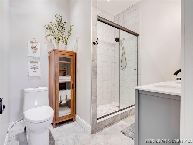 92 Arrowhead Beach Rd, Lake Ozark, MO 65049 - bathroom featuring a stall shower, marble look tiles, and vanity