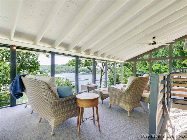 92 Arrowhead Beach Rd, Lake Ozark, MO 65049 - sunroom / solarium with a water view, vaulted ceiling, and ceiling fan