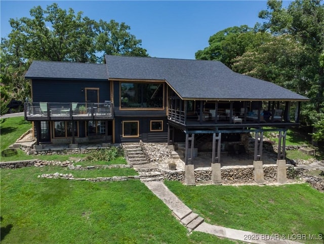 92 Arrowhead Beach Rd, Lake Ozark, MO 65049 - rear view of house featuring a yard, a patio, stairs, a wooden deck, and a shingled roof