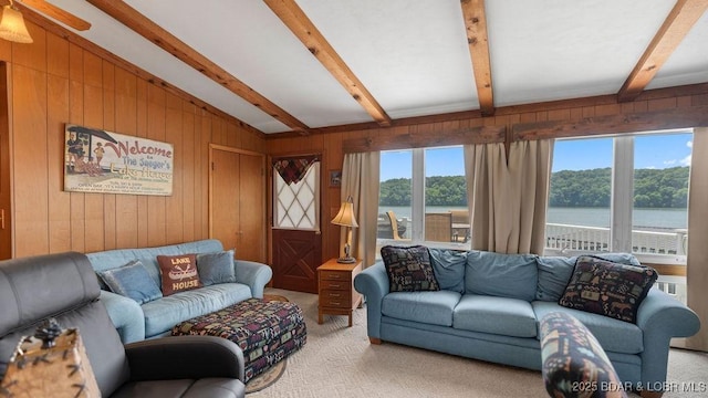27527 Clyne Dr, Barnett, MO 65011 - living room with light colored carpet, a water view, and wood walls