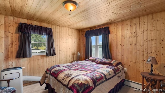 27527 Clyne Dr, Barnett, MO 65011 - bedroom featuring a baseboard radiator, multiple windows, wood ceiling, wood walls, and a water view