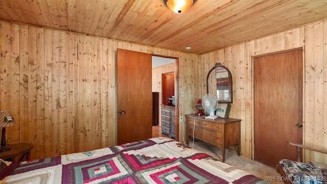 27527 Clyne Dr, Barnett, MO 65011 - bedroom featuring wood walls, wooden ceiling, and carpet