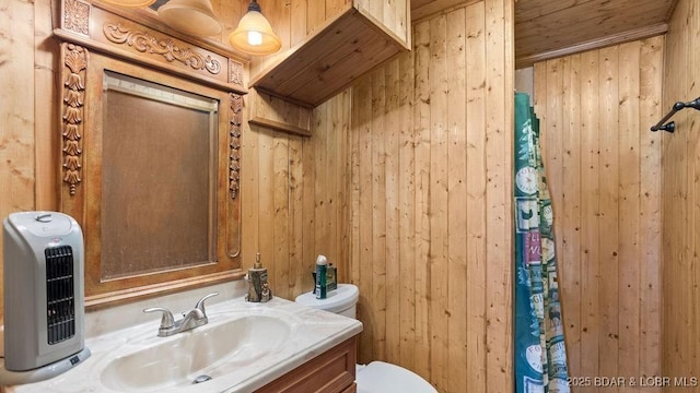 27527 Clyne Dr, Barnett, MO 65011 - bathroom featuring wooden walls, vanity, a shower with shower curtain, and wooden ceiling