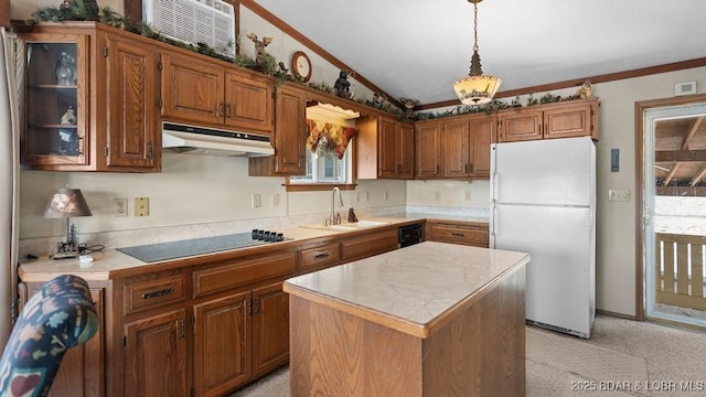 27527 Clyne Dr, Barnett, MO 65011 - kitchen featuring black appliances, under cabinet range hood, light countertops, plenty of natural light, and crown molding