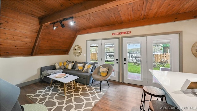 27086 Comanche Cv, Rocky Mount, MO 65072 - living room featuring a wooden ceiling with exposed beams, track lighting, wood finished floors, and plenty of natural light