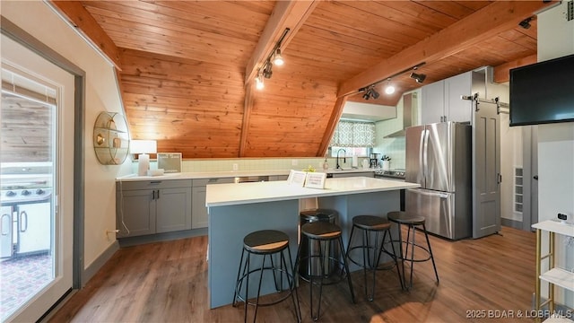 27086 Comanche Cv, Rocky Mount, MO 65072 - kitchen featuring track lighting, wood ceiling, freestanding refrigerator, a kitchen island, and wood finished floors