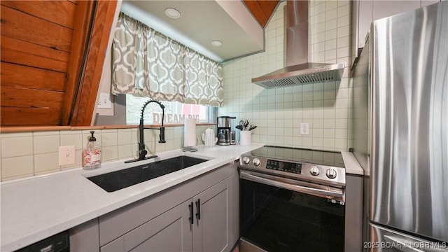 27086 Comanche Cv, Rocky Mount, MO 65072 - kitchen with appliances with stainless steel finishes, backsplash, wall chimney exhaust hood, and gray cabinets
