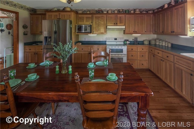 kitchen with appliances with stainless steel finishes, dark hardwood / wood-style floors, and sink