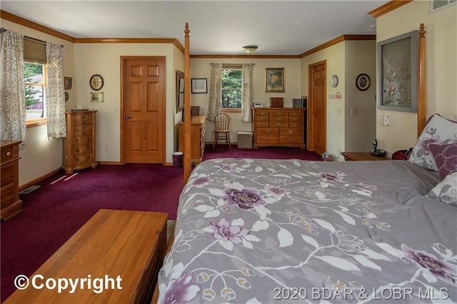 carpeted bedroom with ornamental molding