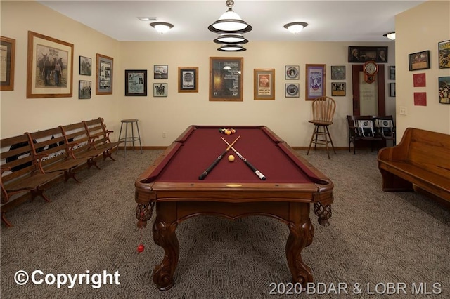 game room featuring dark colored carpet and pool table