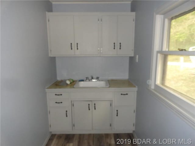 kitchen featuring white cabinetry, dark wood-type flooring, and sink