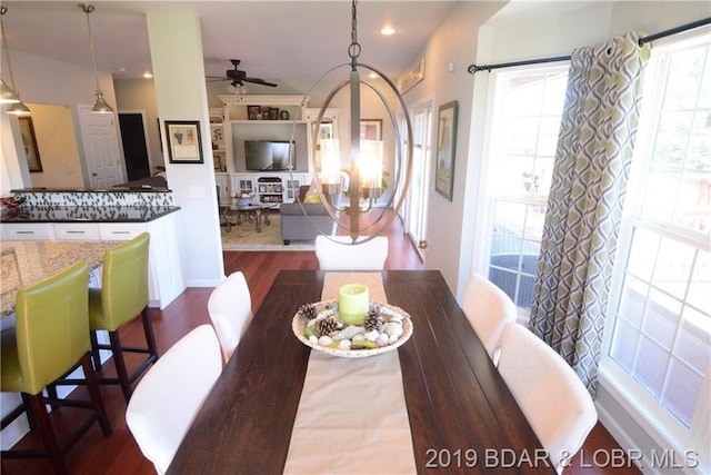 dining space featuring ceiling fan and dark hardwood / wood-style flooring