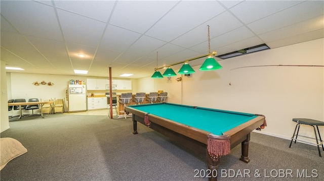 game room featuring carpet flooring, a paneled ceiling, and pool table