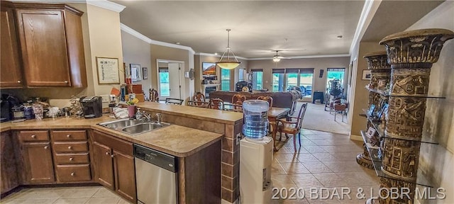 kitchen with kitchen peninsula, ceiling fan, sink, stainless steel dishwasher, and light tile flooring