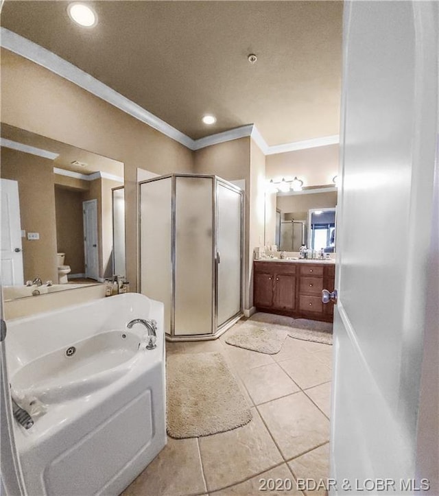 bathroom featuring tile flooring, independent shower and bath, a textured ceiling, crown molding, and oversized vanity