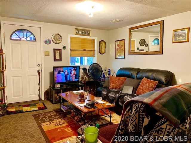 carpeted living room with a textured ceiling