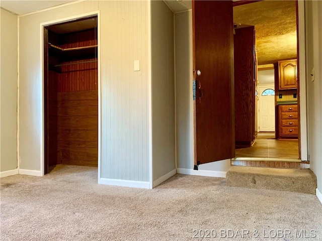 unfurnished bedroom featuring a closet, light carpet, and a spacious closet