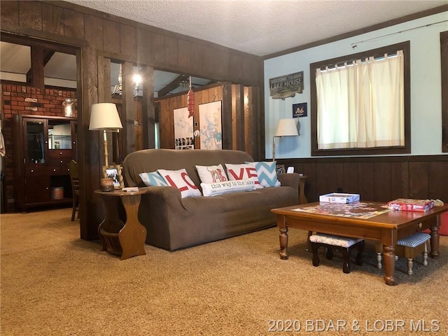 carpeted living room with wood walls and a textured ceiling