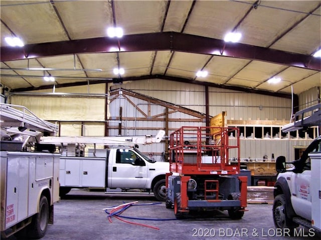 garage with a workshop area