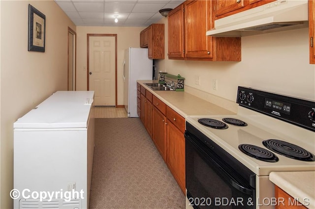 kitchen featuring white appliances, a drop ceiling, and sink