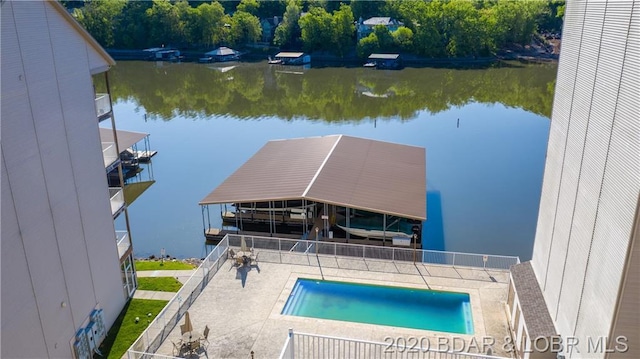 exterior space with a water view