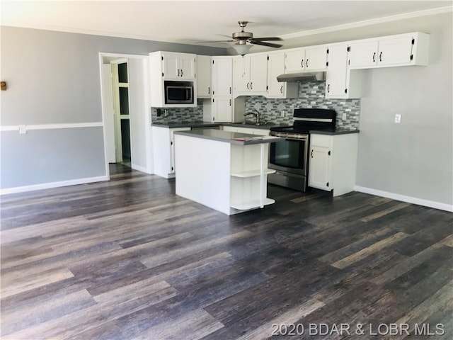 kitchen featuring white cabinets, dark hardwood / wood-style floors, tasteful backsplash, and appliances with stainless steel finishes