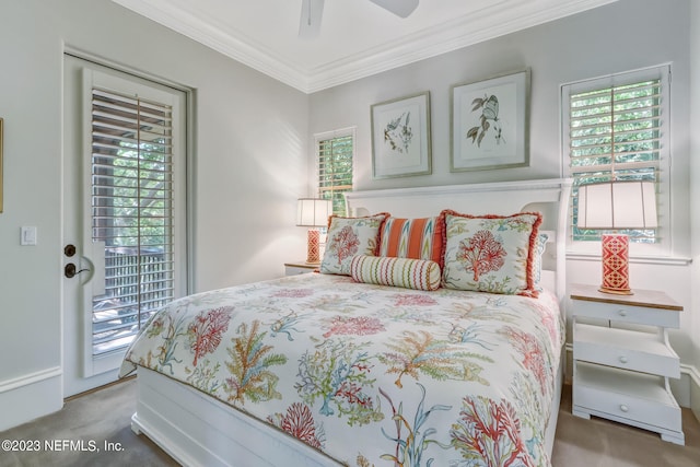 bedroom with access to outside, ornamental molding, and ceiling fan