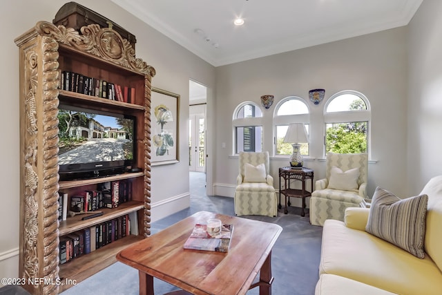 living room featuring crown molding