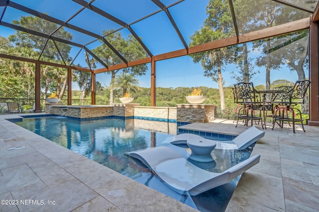 view of swimming pool featuring a lanai, a hot tub, and a patio area