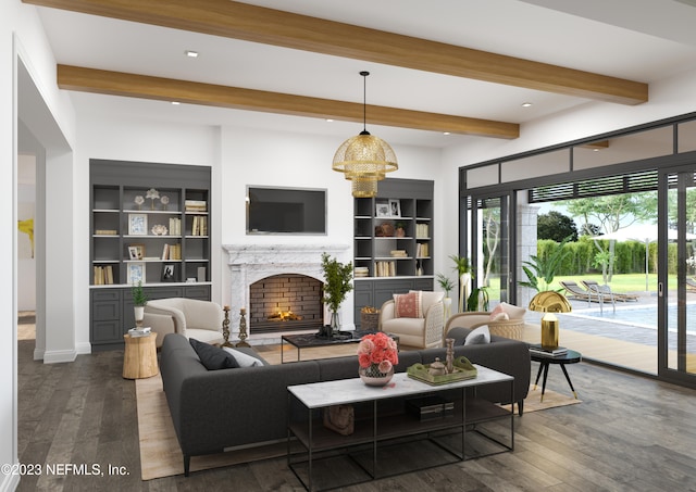 living room with beam ceiling, dark wood-type flooring, and a premium fireplace