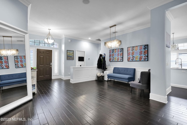 entrance foyer with crown molding, dark wood-type flooring, and sink