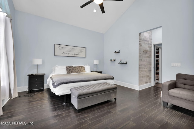 bedroom featuring ceiling fan, a walk in closet, high vaulted ceiling, and a closet