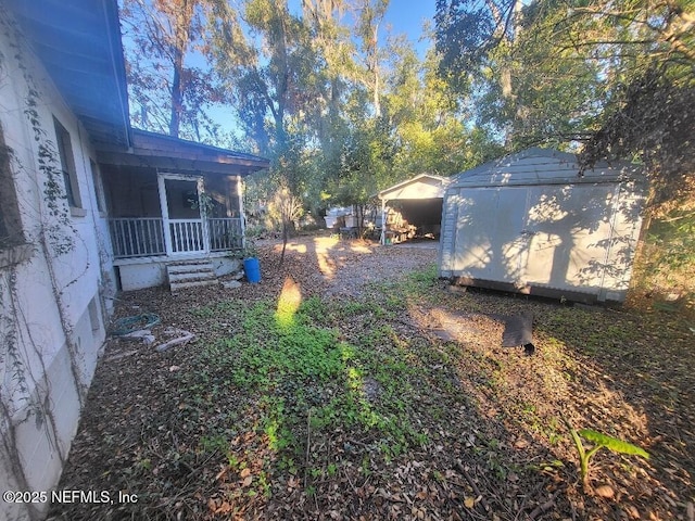 view of yard with a storage unit and a carport