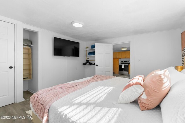 bedroom featuring light hardwood / wood-style floors, a spacious closet, and a closet