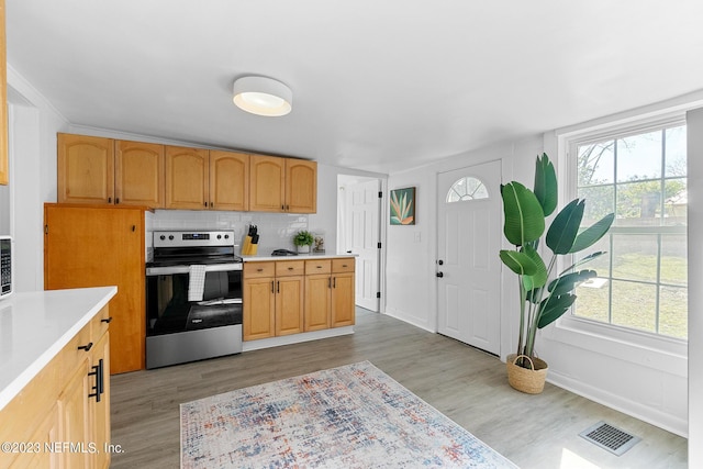 kitchen featuring plenty of natural light, light wood-type flooring, and stainless steel range with electric cooktop