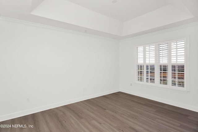 spare room with crown molding, dark wood-type flooring, and a raised ceiling