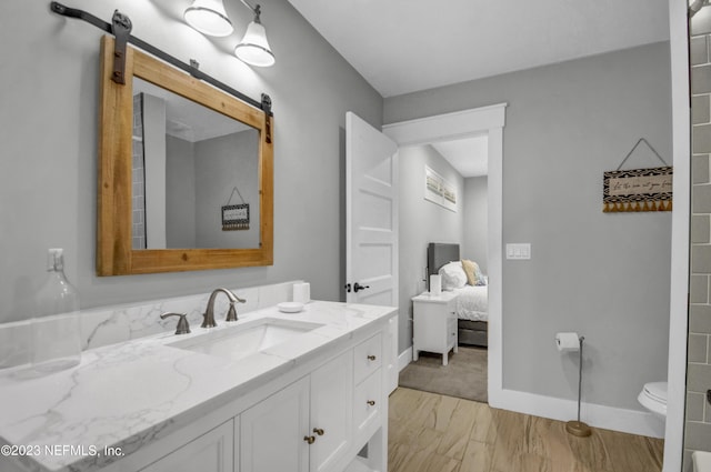 bathroom with vanity, wood-type flooring, and toilet