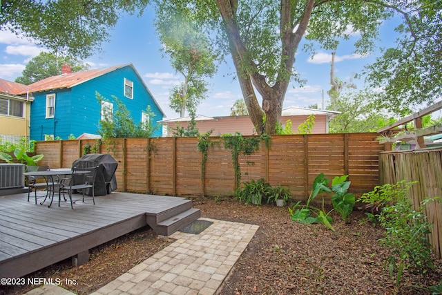 exterior space featuring a deck and central air condition unit