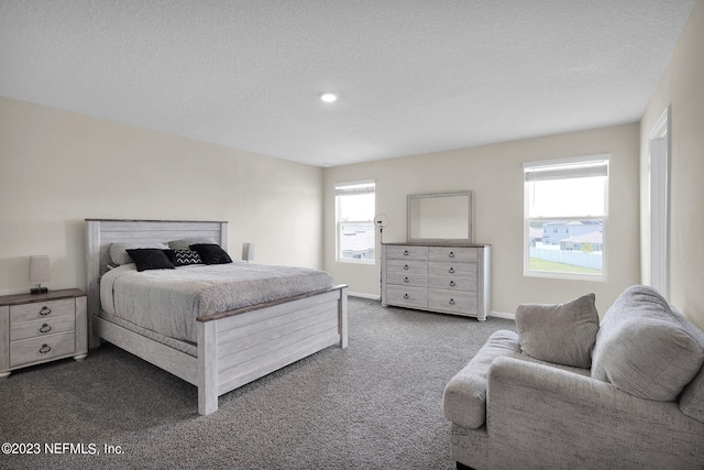 bedroom with carpet floors and a textured ceiling