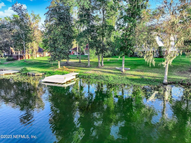 dock area featuring a yard and a water view