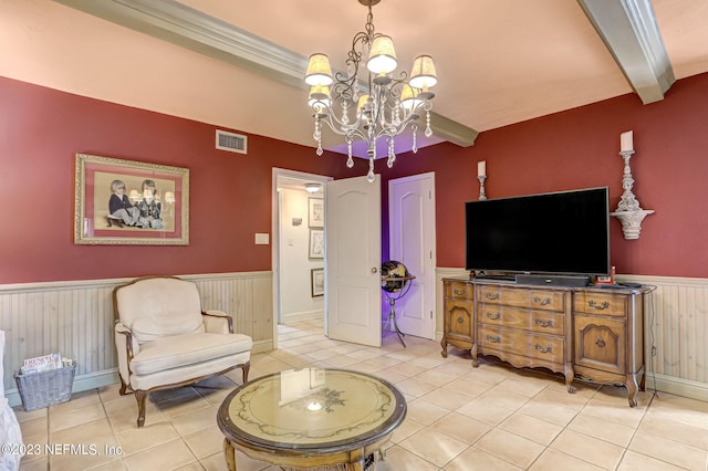 tiled living room featuring beamed ceiling and a notable chandelier