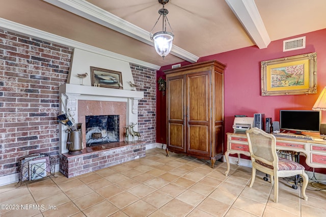 office space featuring beam ceiling, a fireplace, light tile patterned floors, and crown molding