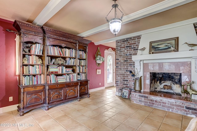 tiled living room with a brick fireplace, crown molding, and beam ceiling